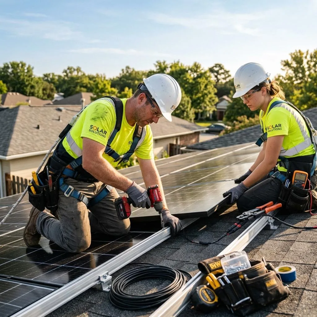 Solar installers working professionally on a residential roof